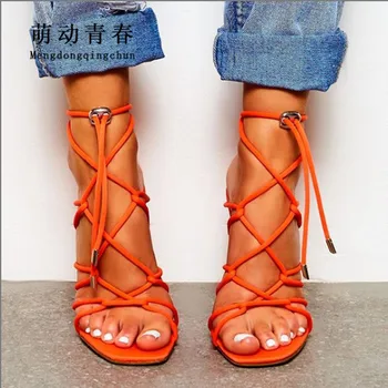 

Size 35-42 Women Orange High Heels Sexy Hollow Out Cross Tied Summer Shoes Lace Up Ankle Wrap Ladies Party Nightclub Pumps