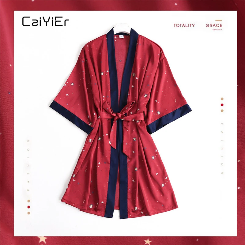Caiyier халат для подружки невесты, шелковая атласная ночная рубашка, красные звезды, халат, одежда для сна, новинка, женские сексуальные свадебные халаты для невесты - Цвет: Красный