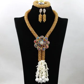 

2017 Latest White African Bridal Pendant Necklace Set Gold/Champagne Nigerian Wedding Gift Beads Jewelry Set Free Shipping QW208