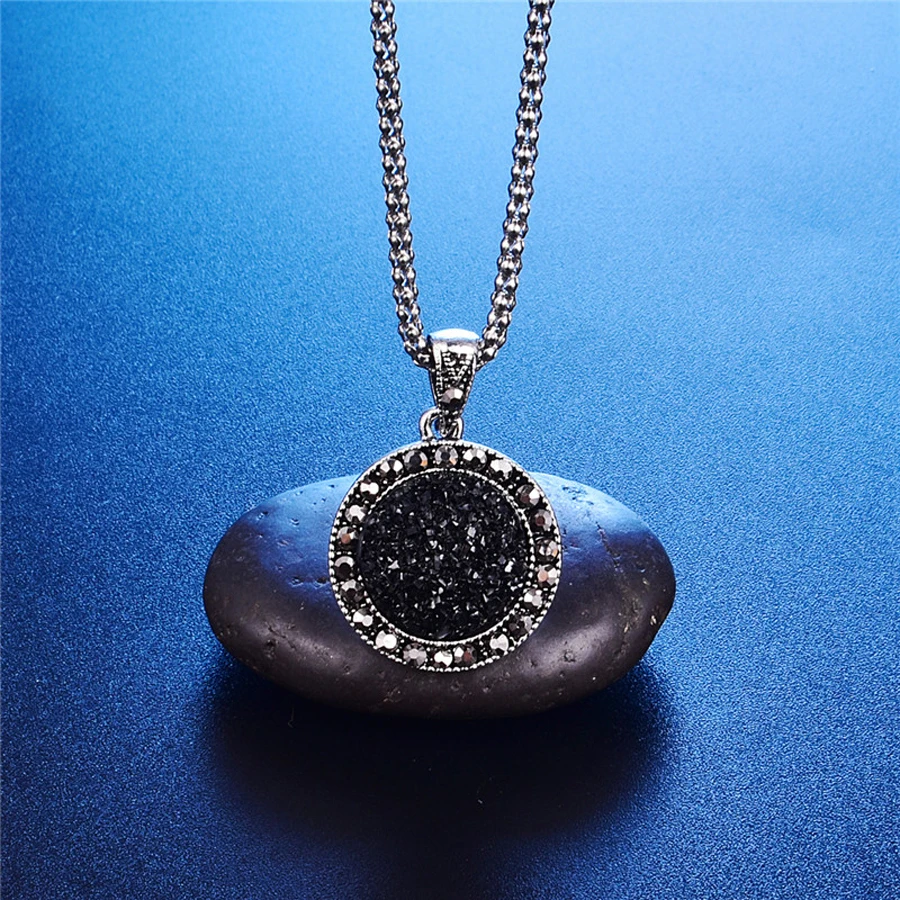 Винтажный набор бижутерии в черном цвете, Модный женский ювелирный набор, античный серебряный цвет, кристалл, круглый камень, кулон, ожерелье, наборы, 4 шт