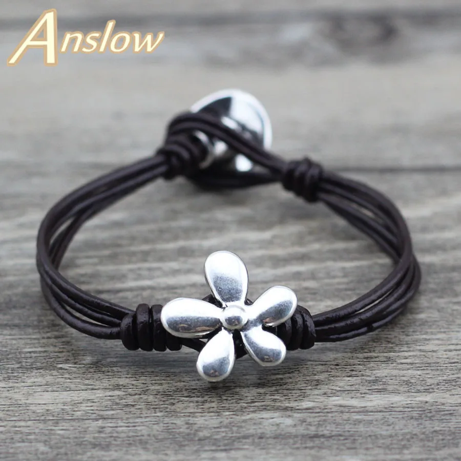 

Anslow Brand Top Quality 2017 Charm Bijoux Unisex Flowers Leather Bracelet For Women Men Mother Father's Day Gift LOW0613LB