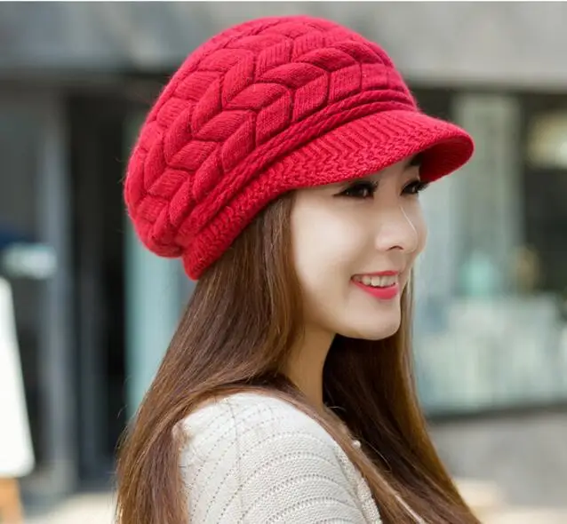 Осенне-зимние модные вязаные шапки-бини, шапка из кроличьего меха, женская кепка Snapback, женские шапки в полоску Skullies Gorros - Цвет: Red
