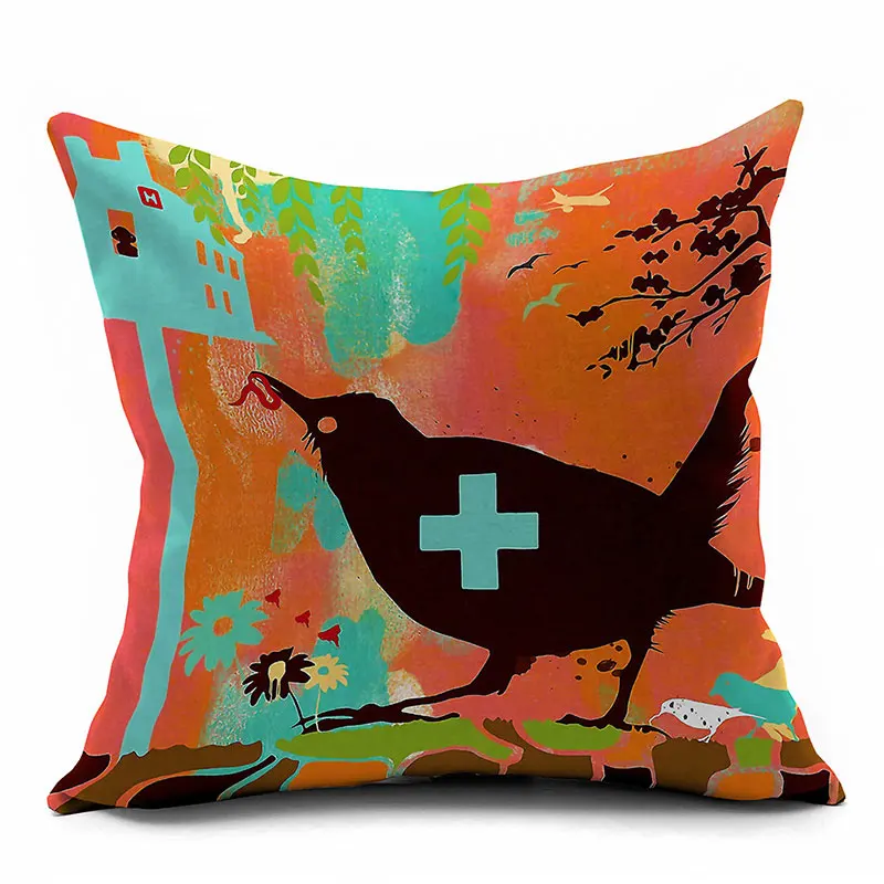 

be Home New Arrival Cartoon Bird Digital Printed Polyester Suede Nap Decorative Pillow Case Square Cushion Cover