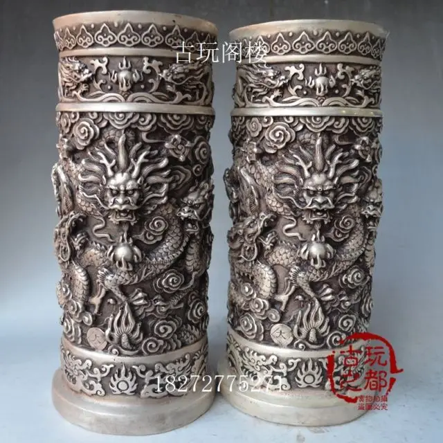 

China Pure copper boutique collection carving dragon The pen containe