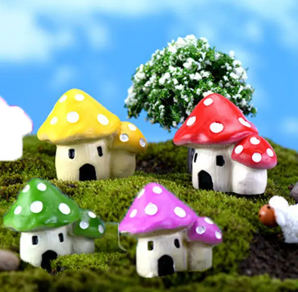 

4pcs Double Mushroom House Resin Figurine Craft Potted Plant Dollhouse fairy garden Terrarium miniature Ornament