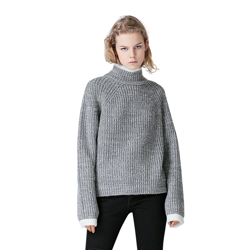 Toyouth Color Block Knit Jumper Autumn Winter Womens Pullover Sweater Grey Stand Collar Long Sleeve women sweaters and pullovers