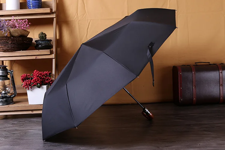 Фирменное Качество 10 ребра кожаный Зонт с деревянной ручкой для автомобиля для мужчин 3 складной автоматический сильный Ветрозащитный зонтик дождь для женщин Гольф