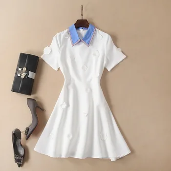 

European and American women's fashion 2019 spring new style Short sleeve lapel Three-dimensional flowers pint Fashion dress