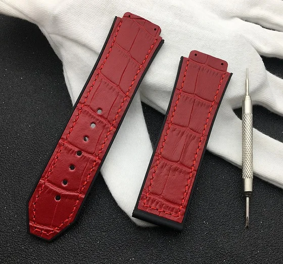 Роскошный бренд 25 мм* 19 мм кожаный резиновый силиконовый ремешок для часов Бабочка Пряжка для Hublot ремень для Big Bang ремень классический логотип fusion - Цвет ремешка: Red