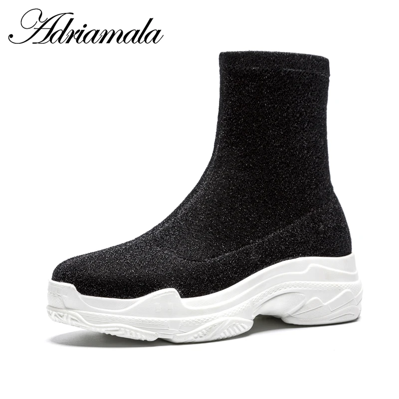

2018 Sequined Cloth Ladies Long Black Boots Slip-on Round Toe Wedges New Ankle Boots Women Autumn Fashion Adriamala