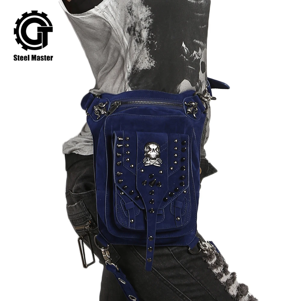

Vintage Steampunk Skull Bags Retro Rock Rivets Waist Bag Men Women Gothic Blue Motorcycle Suede Leather Crossbody Bags