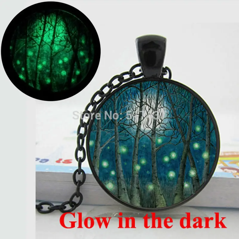 

Glow in the Dark Pendant Magical fireflies in birch forest with Moon Necklace glass photo pendant necklace Glowing jewelry