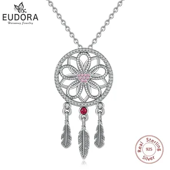 

EUDORA Genuine 925 Sterling Silver Pink CZ & Feather & Dream Catcher Flower Pendants Necklaces Vintage Jewelry for Women D332