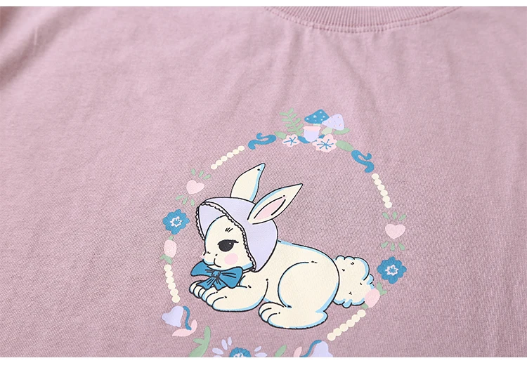 Korean Summer Women Loose T-shirt Purple Short Sleeve High Quality Garlands Sweet Rabbit Print Girl's Teen Loose Tee Tops Tshirt