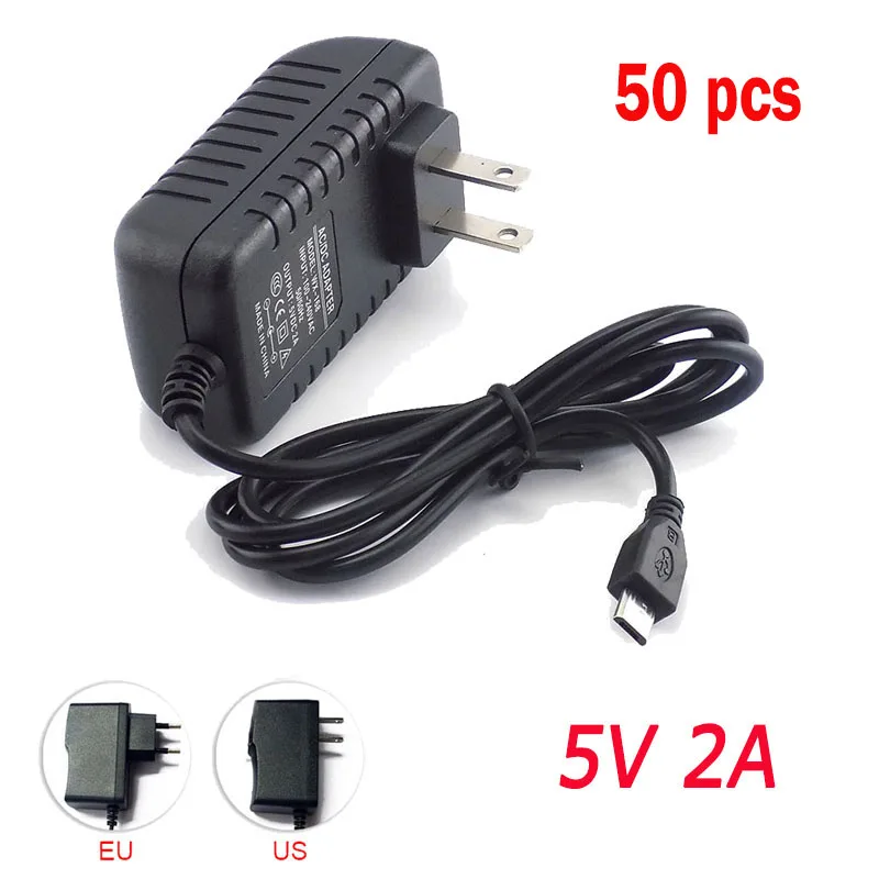 

50pcs Micro Usb AC/DC Power Adapter 5V 2A EU US Plug 100V~240V 2000mA Charger Supply For Raspberry Pi Zero Tablet Pc