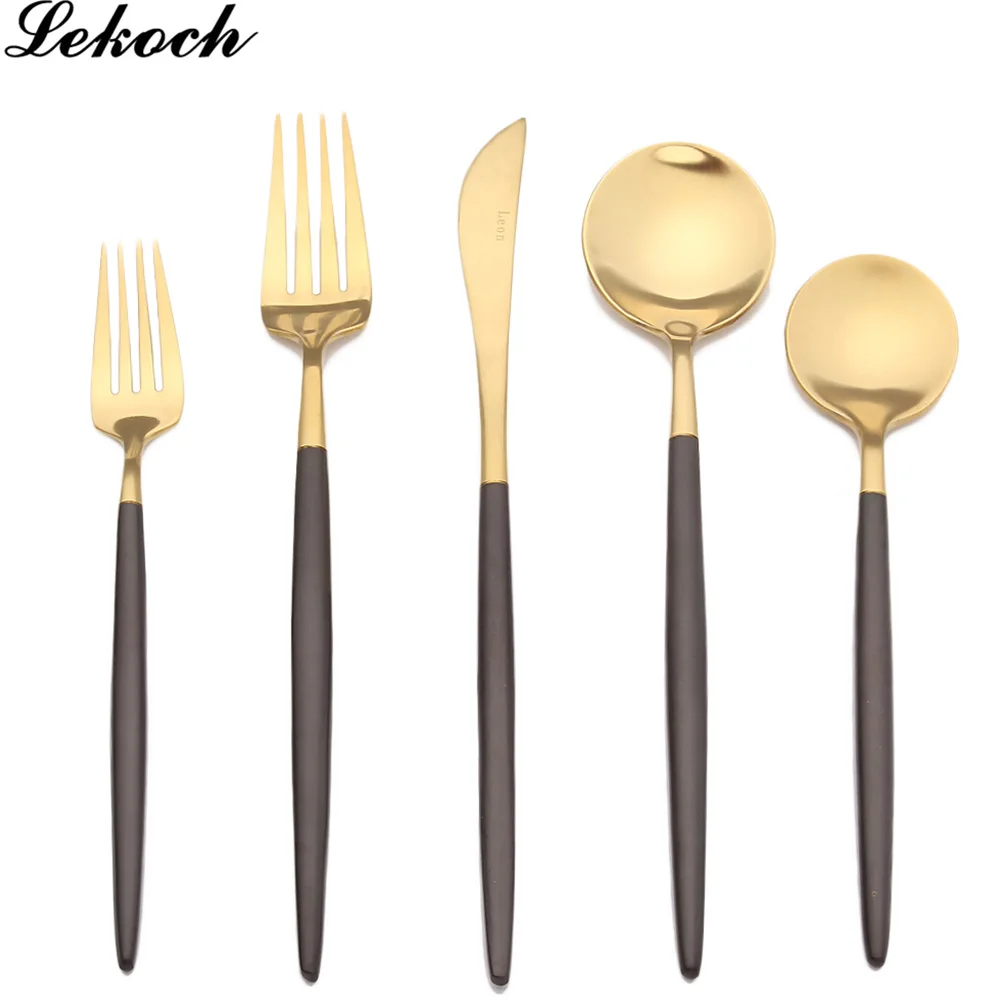 Набор посуды Lekoch, 5 шт., столовый набор, совок, вилка, нож и десерт, совок, вилка, 5 шт., набор столовых приборов, набор посуды из нержавеющей стали - Цвет: black gold