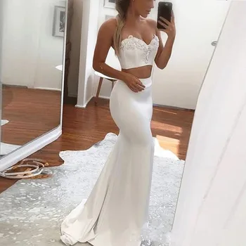

White Two Pieces Stain Mermaid Prom Gowns 2018 Stain Strapless Long Sleeve Floor Length Prom Gowns With Lace