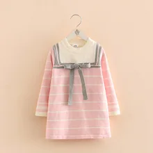 Весна новое поступление, горячая Распродажа Детские Костюмы с длинными рукавами для девочек; вязаное платье детские темно-синие полосы топ