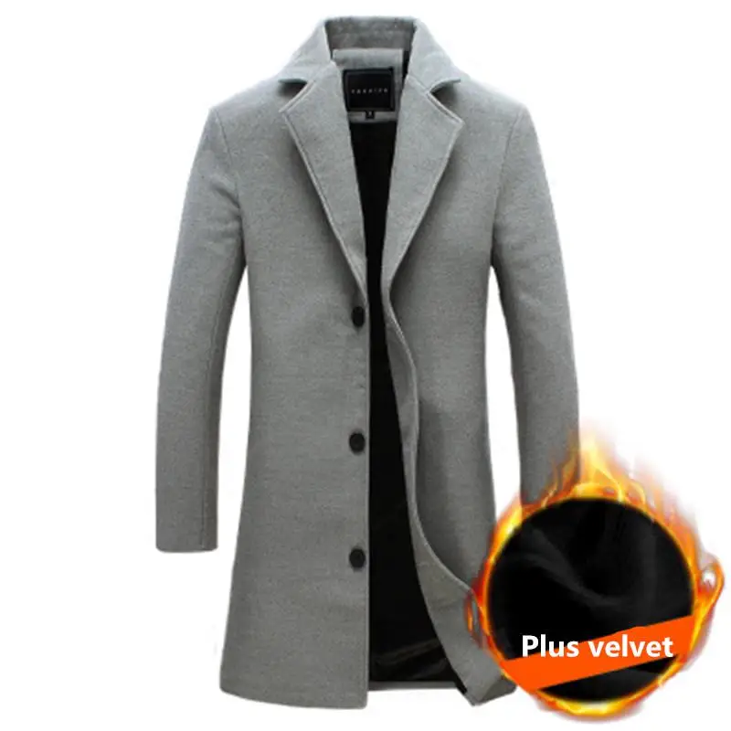 Длинное шерстяное пальто для мужчин, зимний утепленный Тренч, шерстяные пальто, мужские повседневные тонкие теплые ветровки, мужская куртка Palto, s Peacoat, пальто Bape - Цвет: Gray plus velet