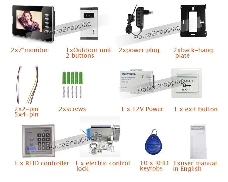 Квартиры Новый 7 "цветной Экран Видео-Телефон Двери Интерком Комплект для 2 Семьи + Электрический замок + RFID Контроллер + Питание БЕСПЛАТНАЯ ДОСТАВКА