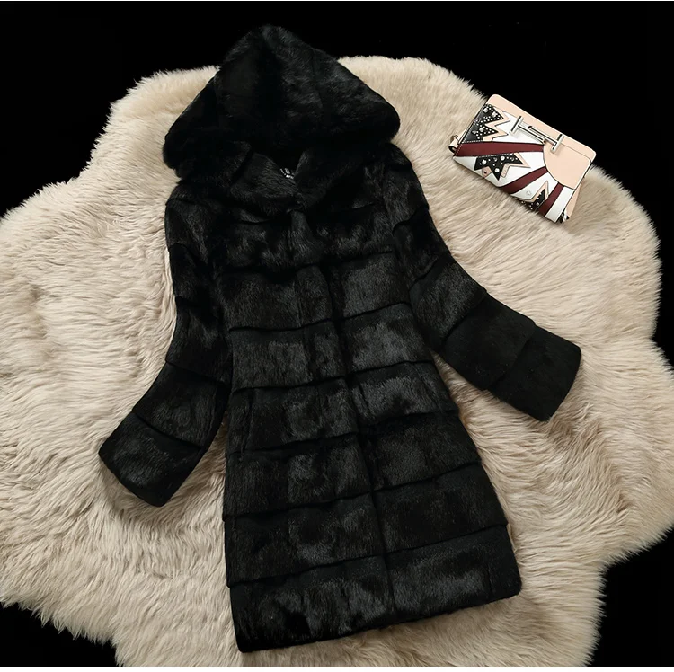 Женские толстовки с капюшоном с натуральным кроличьим мехом, верхняя одежда в полоску, длинное пальто с натуральным мехом размера плюс, wsr382