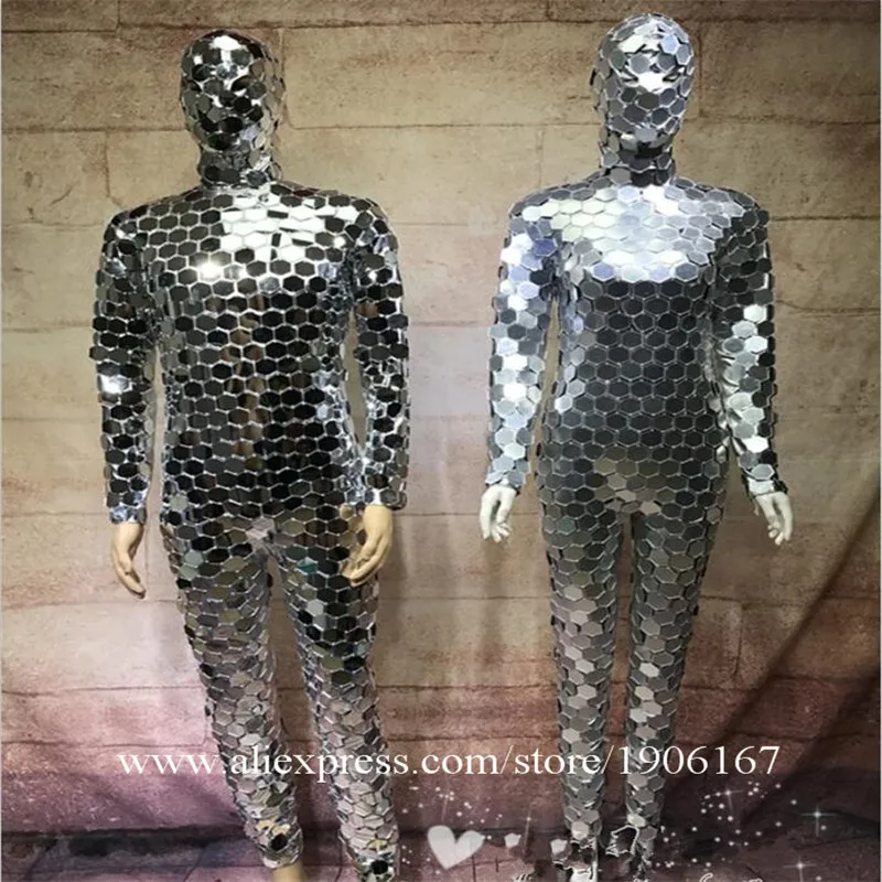 Ballroom dance men robot mirror suit women stage show costumes singer silver clothes models performance catwalk wears dj1