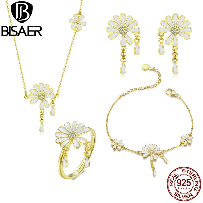 

BISAER Romantic 925 Sterling Silver White Enamel Daisy Flower Jewelry Sets for Women Sterling Silver Jewelry