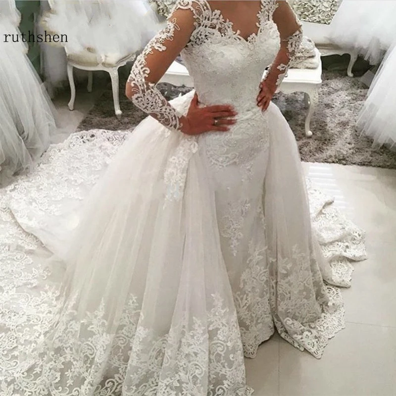 

Luxury Lace Long Sleeve Mermaid Wedding Dress with Detachable Skirt Backless Court Train Saudi Arabia Bridal Wedding Gowns Dubai