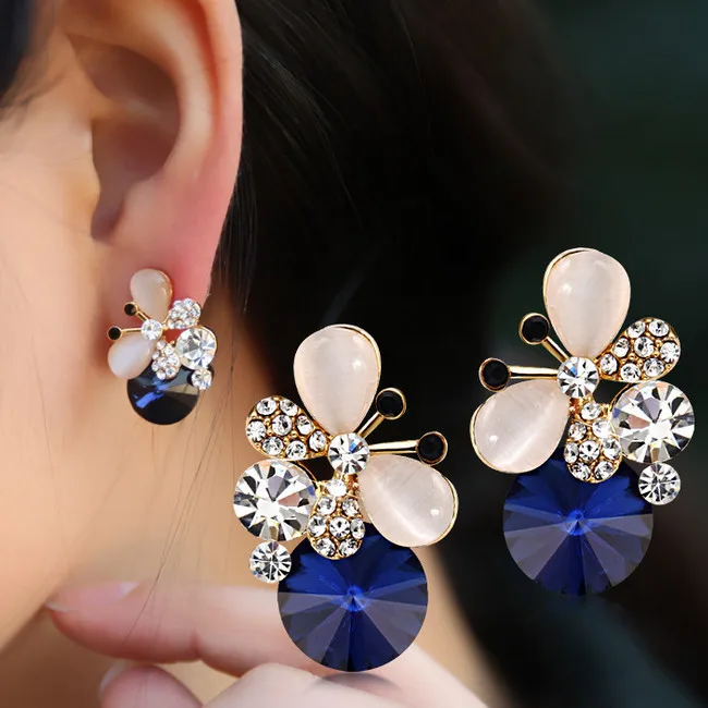 New Design Elegant sliver Plated blue Opal Crystal Earrings female Cute Rhinestone Butterfly Stud Earrings for women girl