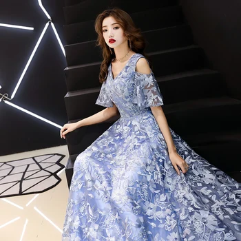 

Bridesmaid Wedding Dress Blue Flower Full Length Gowns Women Prom Formal Dresses Evening Vestidos Plus Size V-Neck Slim Gown