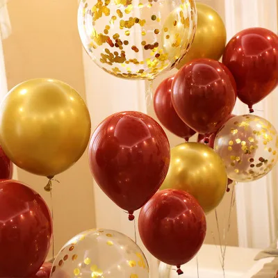 10pcs Party Latex Balloons mixed Garnet Red Metallic Chrome Gold Balloons Glitter Gold Confetti for Wedding Valentine's Day