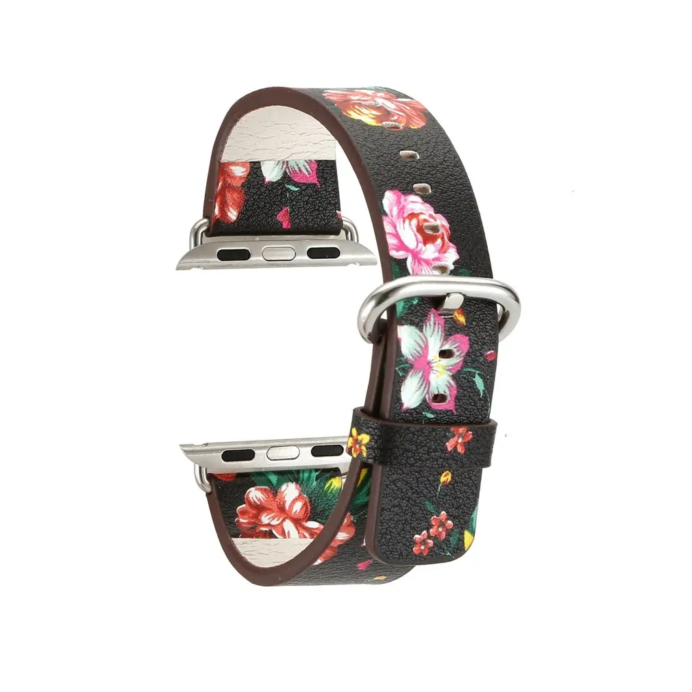 

Floral Printed 38/42mm Replacement Watchband for Apple Watch National Black White Leather Watch Band Strap for Apple Watch