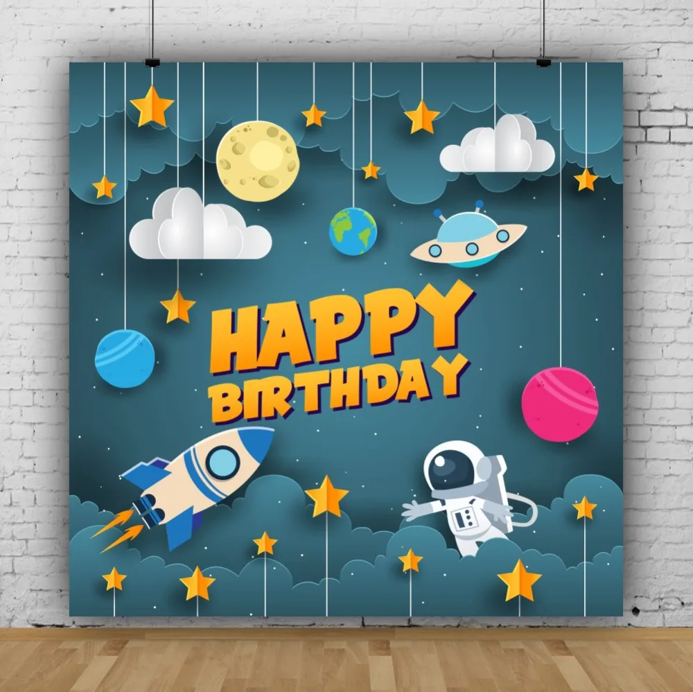 Laeacco Baby Birthday Cartoon Spaceship Universe Moon Star Astronaut Photo Backdrops Photo Backgrounds Photocall Photo Studio