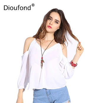

Dioufond Off Shoulder Casual Women Blouse With Three Quarter Solid V-Neck Female Shirts Cotton New Camisa Feminina Blusas 2018
