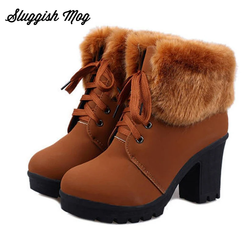 

Sluggish Mog Women Winter Fur Boots Woman's Fashion Ankle Warm Boots Female Lace-up Square High Heels Shoes Platform Shoes WX01