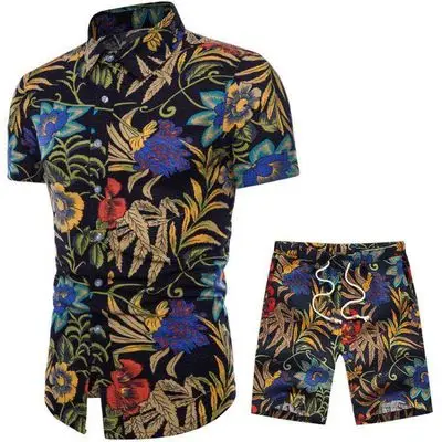 2 предмета, мужской комплект, цветочный принт, спортивные костюмы, рубашки+ летние шорты, пляжный мужской комплект одежды, спортивный костюм, мужская одежда - Цвет: TZ06