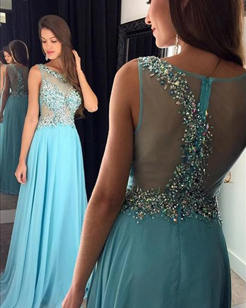 Elegant Long Light Blue Sheer Neck Prom Dresses Stones Beaded Backless
