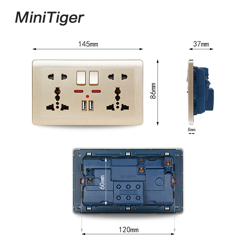 Minitiger Золотая настенная розетка с двойным универсальным 5 отверстием, переключаемая розетка 2.1A, двойной USB порт зарядного устройства, светодиодный индикатор 146 мм* 86 м