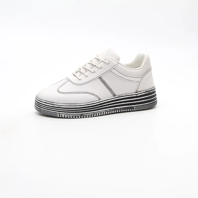 

Women Platform Sneakers White Flat Shoes Casual Lace Up Basket Female Sewing Solid PU Vulcanize White Shoes Leisure Footwear