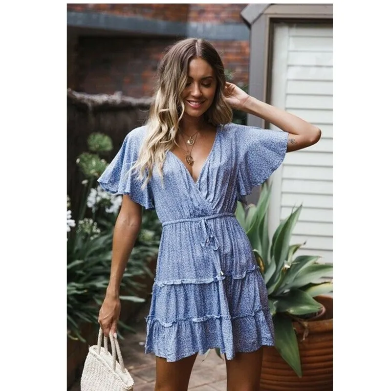

2019 The Newest Fashion Bags Suit More Occasion Women Short Sleeve Wrap Boho Floral Mini Dress Ladies Summer Sundress Holiday