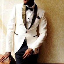 Ivory Wedding Suits Tuxedos Slim Fit Gold Pattern Lapel Prom Party Suits For Men Cheap Groomsman Suit (Jacket+Pant+Tie)