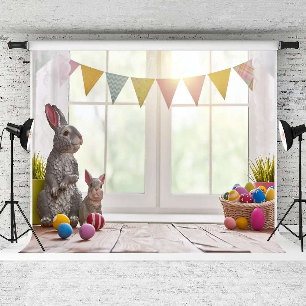 

Happy Easter colorful eggs basket window flags rabbit Backgrounds Vinyl cloth High quality Computer print wall backdrops