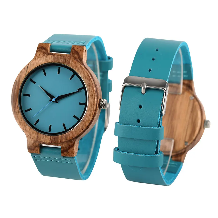 Mode Bamboe Hout Horloge Vrouwen Zebra Houten Blauwe Leren Band Mannen Horloges Creatieve Quartz Paar Klok Lover Geschenk Uurwerken