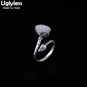 

Uglyless 100% Real 925 Sterling Silver Lotus Open Rings for Women Natural Jade Lotus Flower Ring Ethnic Thai Silver Fine Jewelry