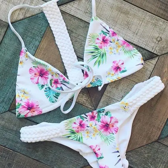 

Push Up Bikini Set Backless Knitting White Floral Women Swimwear Sexy Swimsuit Plus size