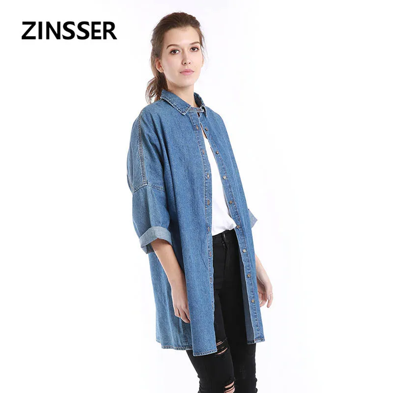 

Autumn Winter Women Denim Fancy Shirt Oversize Long Loose Casual 3/4 Length Sleeve Washed Blue Female Lady Blouse Top