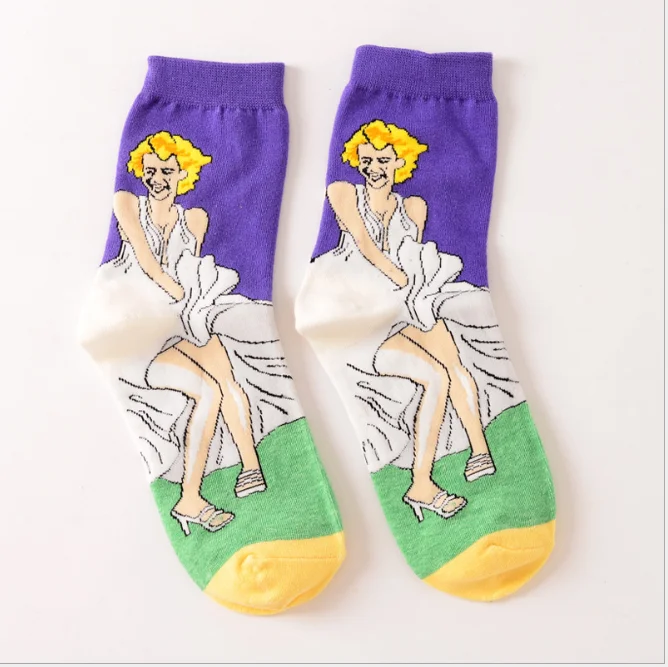 Сумасшедшие FLY Для женщин Повседневное хлопок Смешные Носки Мода ретро абстрактная живопись маслом носки Монро Джексон Чаплин зайчик CRAZY носки