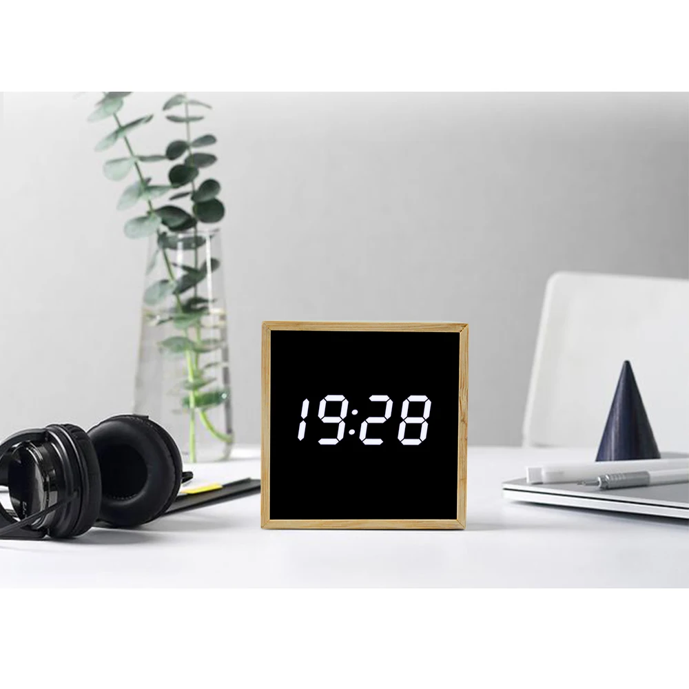 Деревянный цифровой зеркальный будильник светодиодный дисплей Температура цифровые часы настольные управление звуками ночной Светильник