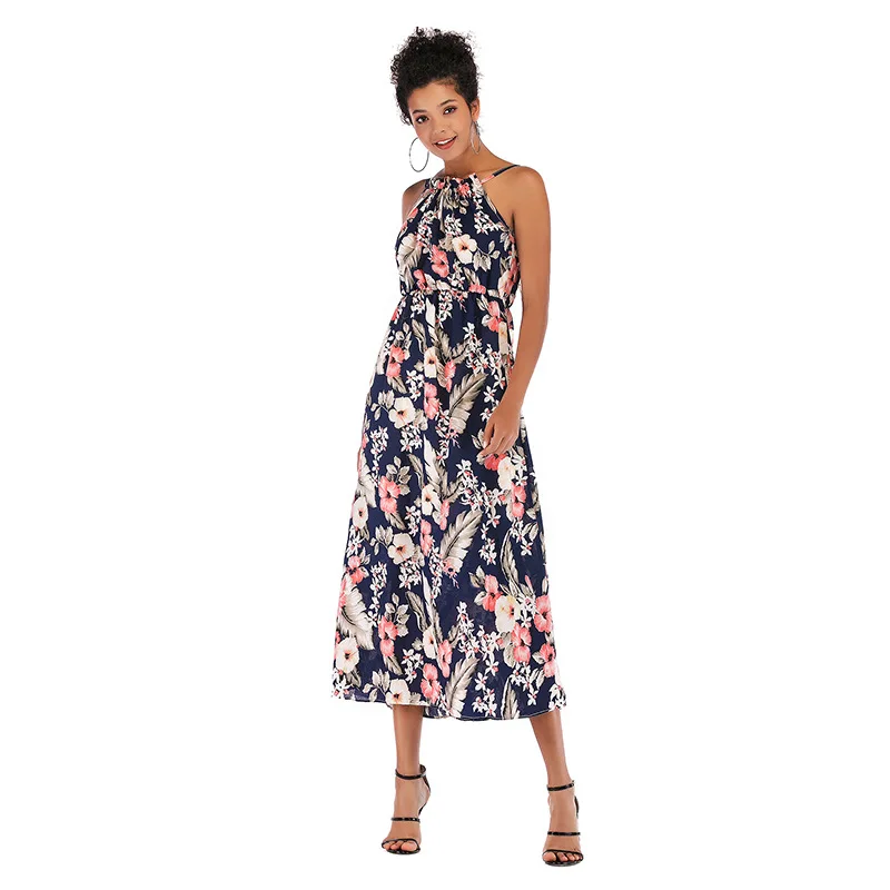 

2019 Summer Sexy Sleeveless Floral Printed Chiffon Dress Spaghetti Strap Long Dress Sweet Bohemia Dress Vestido