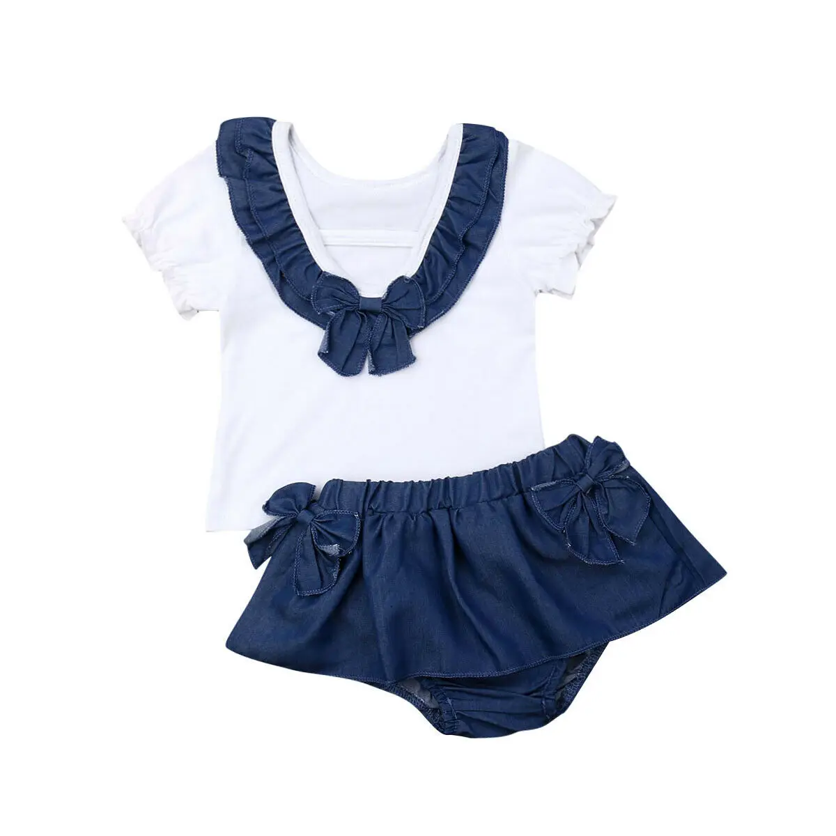 New Kid Baby Girls Ruffles Tops T-shirt Denim Romper Skirt Outfit Summer Clothes | Детская одежда и обувь
